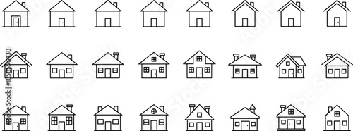 Set of 24 black and white house icons in various architectural styles for real estate, web, app, and design use