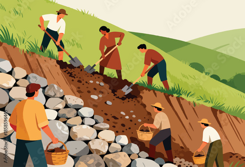 Diverse group working in unison to build retaining wall on grassy slope