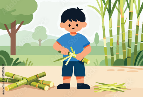 Boy peeling sugarcane stalks in a lush green field