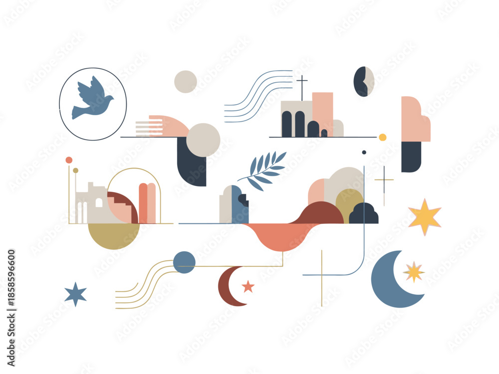 Naklejka premium Abstract geometric illustration featuring religious symbols and architectural silhouettes