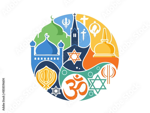 Circle graphic blending diverse religious architectural symbols and icons