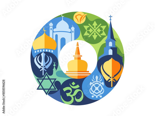 Circular graphic showcasing religious symbols and architecture in bright colors