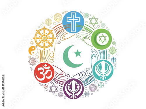 Circle of diverse religious symbols interconnected by swirling lines