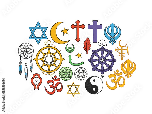 Collage of various religious and spiritual symbols in outline and filled styles