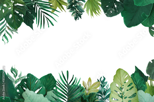 Tropical green leaves frame on black background