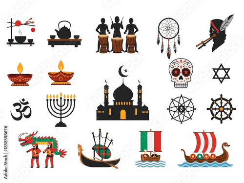 Collection of cultural and religious symbols artifacts and people icons