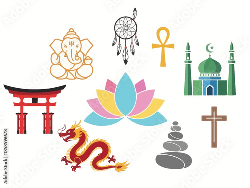 Collection of diverse religious and cultural symbols on a white background