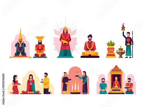 Collection of flatstyle illustrations depicting various cultural or religious figures and rituals