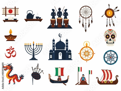 Collection of global cultural icons including religious symbols artifacts and transport