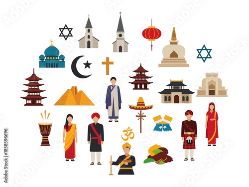 Collection of religious symbols cultural icons and people in traditional dress