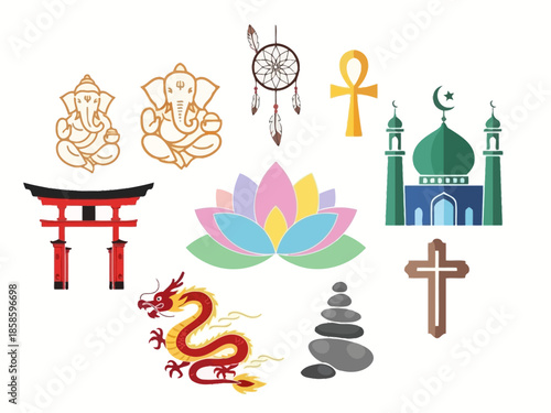 Collection of religious and cultural symbols Hindu deities Japanese gate dragon dreamcatcher Egyptian ankh mosque lotus cairn and cross