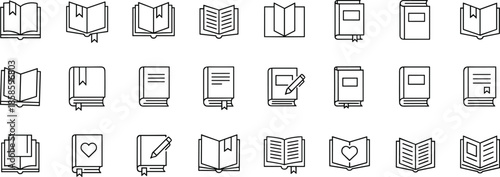 Set of 25 black and white book icons in line style for education, reading, library, publishing, and digital interface design