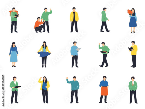 Fifteen flatdesign illustrations of people in two rows