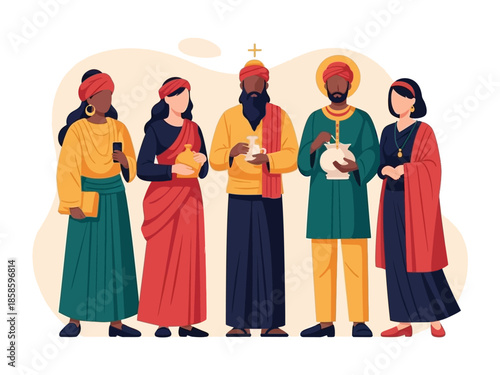 Five figures in traditional attire holding gifts standing against a pale background