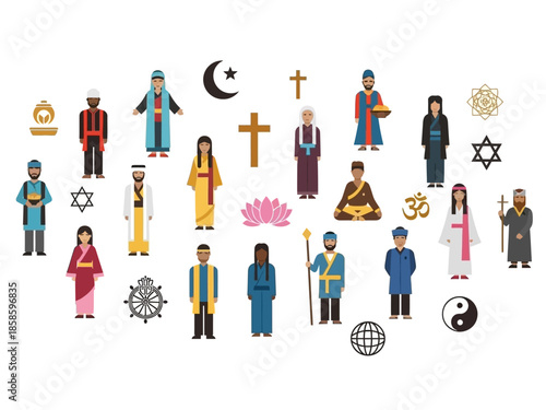 Flat icons depicting people in traditional attire and various religious symbols