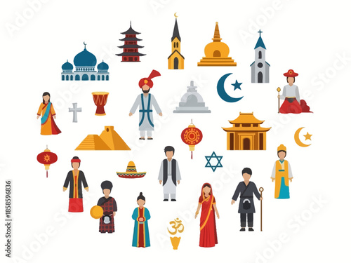 Flat icons representing diverse global cultures and religions surrounds a central Om symbol