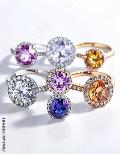 Six gemstone rings with halo settings and various colors