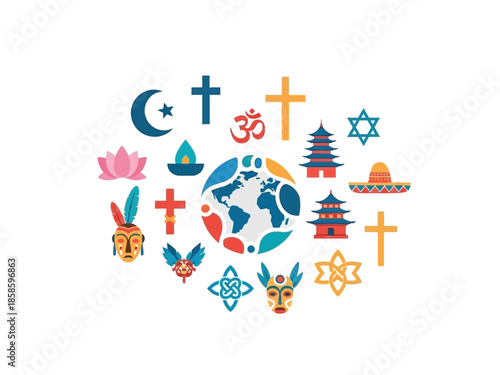Globe surrounded by icons representing diverse world cultures and religions