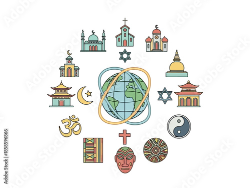 Globe surrounded by diverse religious and cultural symbols icons and structures