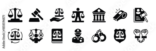 Justice and law icons set featuring scales of justice, gavel, courthouse, police officer, handcuffs, whistle, documents, book, badge, and handcuffed hands in black vector illustration