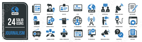 Journalism solid icons vector set in blue and black