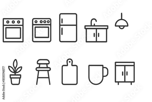 Kitchen Appliances and Furniture Vector Icon Set Including Oven, Fridge, Sink, Lamp, Plant, Chair, Cutting Board, Cup, Cabinet, Perfect for Interior Design, Cooking, and Home Improvement Projects