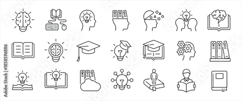 Knowledge and education line art icon set for study materials