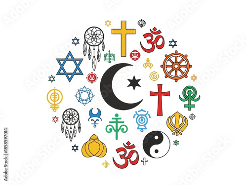 A circular arrangement of various religious and spiritual symbols in diverse colors