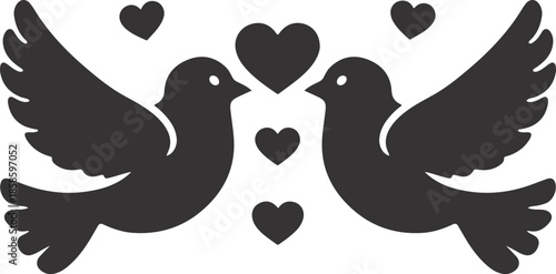 Romantic love birds silhouette with hearts, couple doves vector