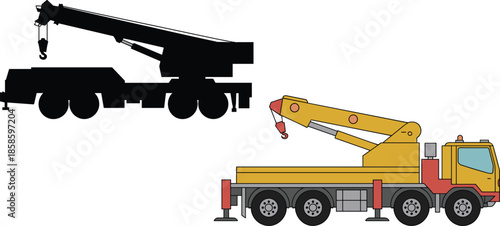 Mobile crane truck illustration lifting heavy load, telescopic boom construction vehicle, industrial lifting equipment for engineering and infrastructure projects