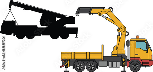 Mobile crane truck illustration lifting heavy load, telescopic boom construction vehicle, industrial lifting equipment for engineering and infrastructure projects
