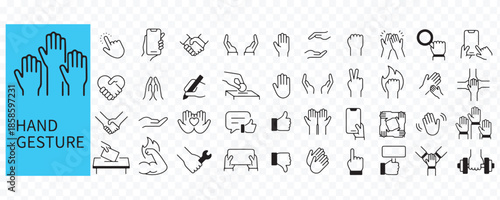 Hand Gesture and Interaction Icons Set – Touch, Click, Like, Communication Line Symbols