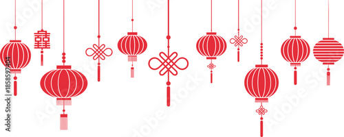 Red Chinese lantern and knot decorations hanging in minimalist style, traditional Lunar New Year festival ornaments, cultural celebration vector illustration