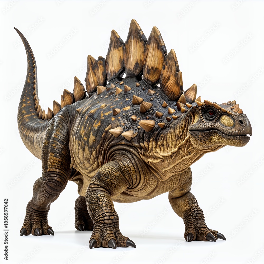 Fototapeta premium Detailed portrayal of a Stegosaurus dinosaur figure on a clear white backdrop