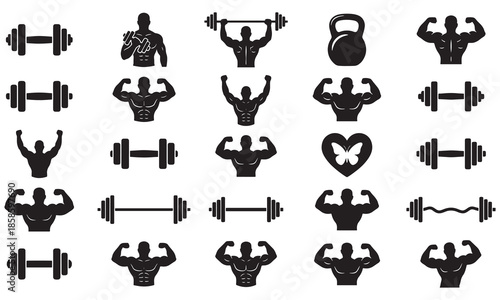 Gym and Bodybuilding Icon Set: Dumbbells, Barbells, and Flexing Muscle Silhouettes Vector Collection