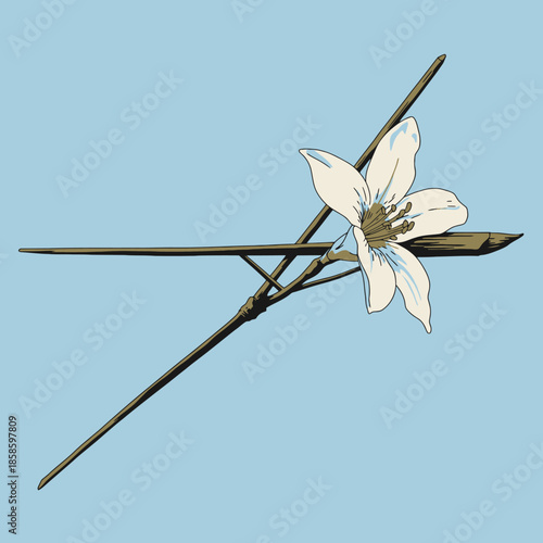 A delicate white lily flower is artfully arranged on a minimalist cross made of thin, dark branches against a solid light blue background.
