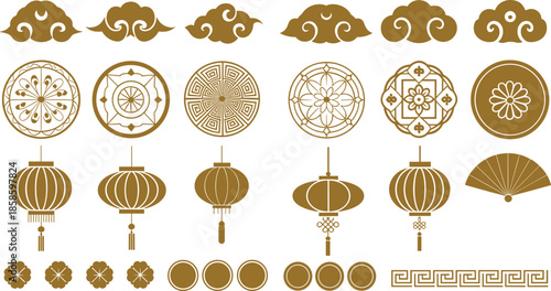 Traditional Chinese decorative elements collection with lanterns clouds fans floral patterns oriental symbols gold vector illustration set