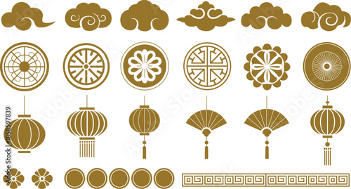 Traditional Chinese decorative elements collection with lanterns clouds fans floral patterns oriental symbols gold vector illustration set