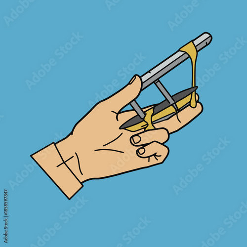 A hand holding a tool with yellow substance dripping from it, against a blue background.