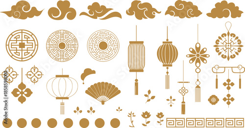Traditional Chinese decorative elements collection with lanterns clouds fans floral patterns oriental symbols gold vector illustration set