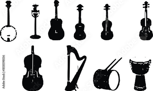 Silhouettes of string and percussion musical instruments in two rows for educational, artistic, and music-themed vector design content.