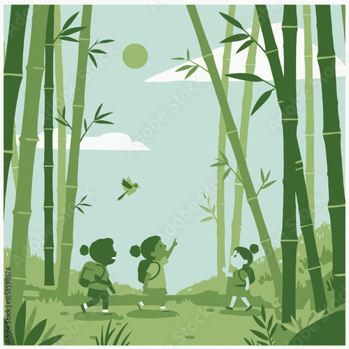 Three children with backpacks exploring a bamboo forest, looking up at a bird flying under a sunny sky.