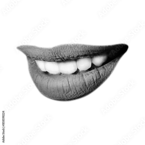 Halftone human lips with teeth isolated on white background. Concept of speech, communication, emotion and sensual expression. Minimal black and white illustration for lifestyle and design use.