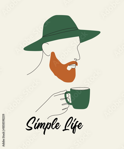 Line Art Portrait of Bearded Man with Coffee Cup and Hat