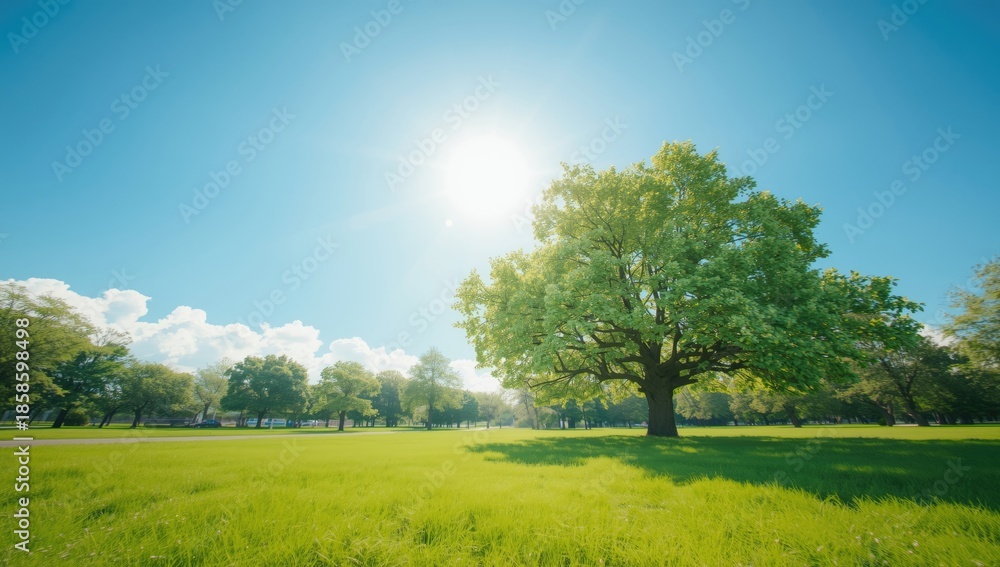 Fototapeta premium Sunlit landscape with vibrant green trees and grass, suitable as background for nature-themed designs
