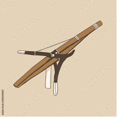 An illustration of a historical wooden crossbow with a metal trigger mechanism and string.