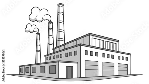 Industrial Factory Silhouette: A monochrome illustration of a factory complex, with towering smokestacks releasing plumes of smoke, representing industry, production, and environmental considerations.