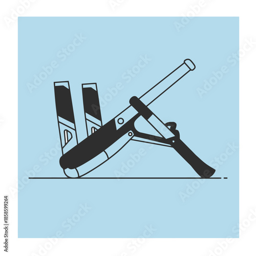 A stylized black and white illustration of a staple gun with two staples loaded, set against a light blue background.