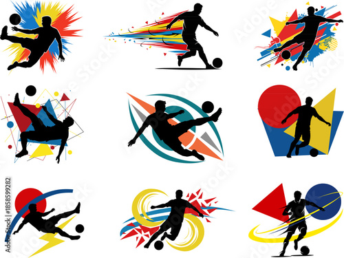 Nine dynamic silhouette figures playing with colorful soccer balls, perfect for sports posters, merchandise design, and athletic event promotions.