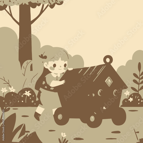 A cute cartoon girl pushes a small, wheeled house through a whimsical outdoor landscape with trees and flowers.